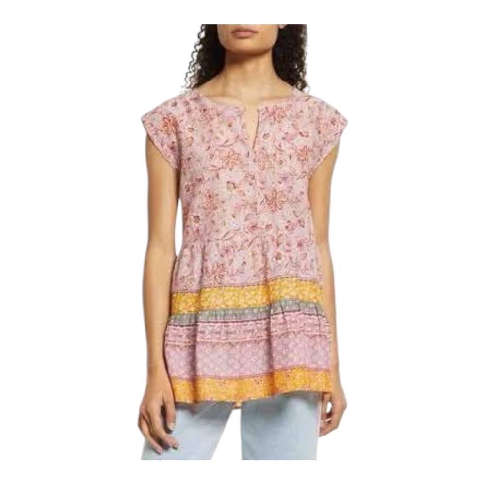 Beachlunchlounge Boho Floral Border Print Top Pink Cotton Tunic Size L NWT